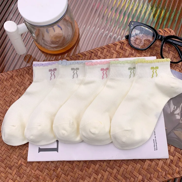 蝴蝶结花边时尚百搭ins春夏潮短筒袜舒适透气花边短袜纯棉薄款