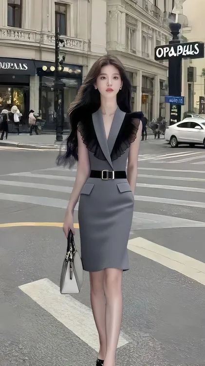 爆款宽松法式气质辣妹灰色连衣裙显瘦时尚小众设计感夏季短款收腰