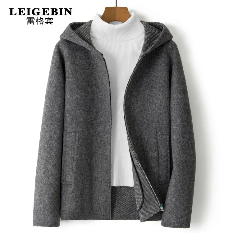 男装冬季高端羊毛双面呢夹克连帽设计感非羊绒短款大衣外套男加厚