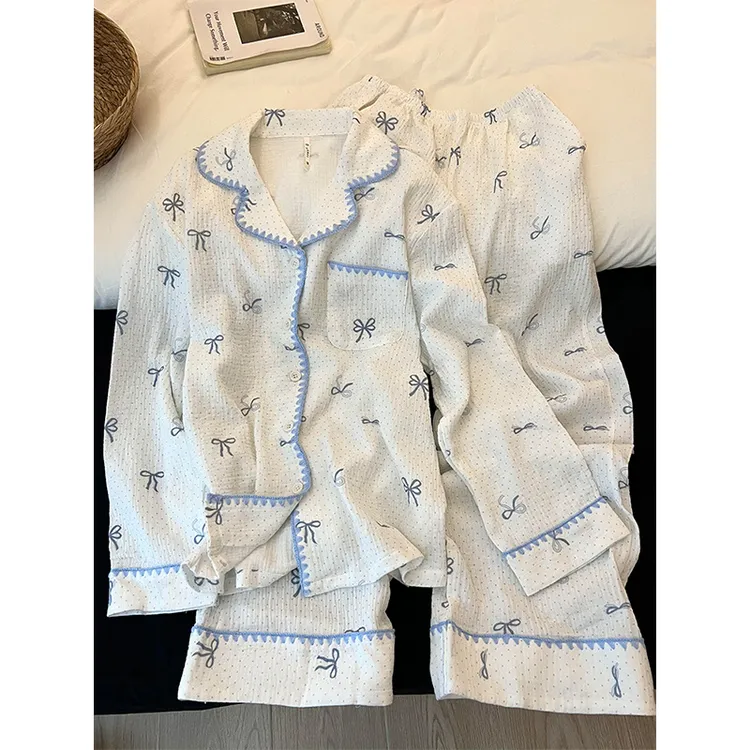 小清新舒适棉纱蝴蝶结印花睡衣女早秋休闲长袖长裤休闲外出两件套