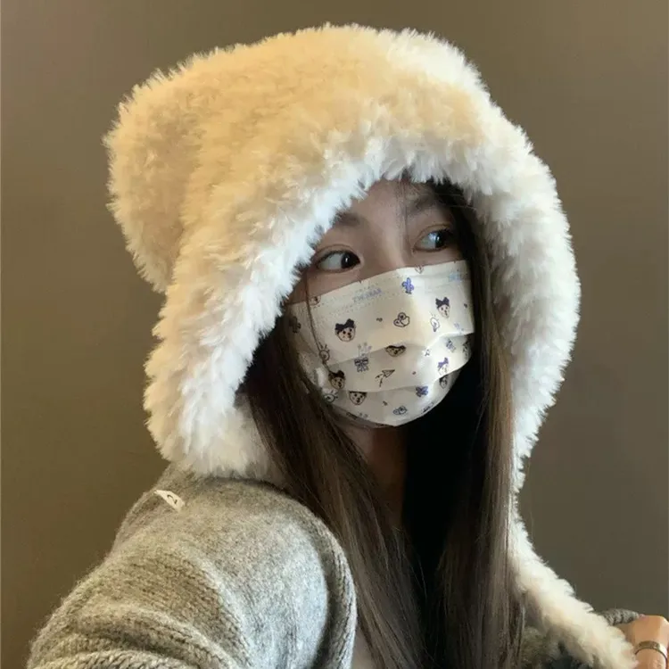 升级加厚可爱毛绒绒小熊耳朵帽子女秋冬保暖毛线帽护耳针织雷锋帽