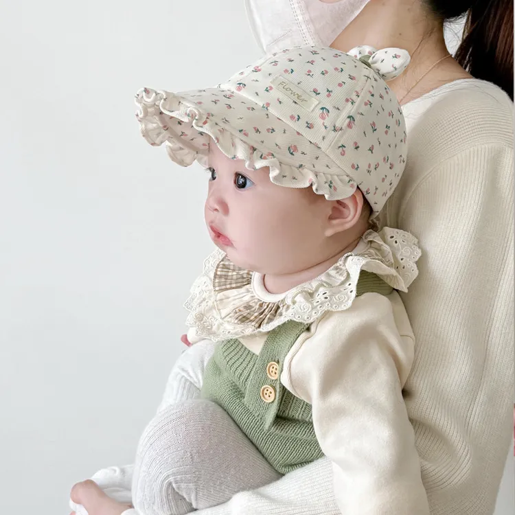 婴儿秋冬洋气花边女宝碎花渔夫帽韩系户外大檐防风婴幼儿超萌秋季