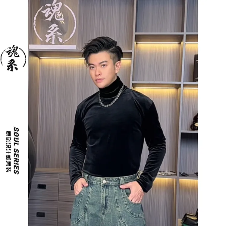 [魂系]秋季丝绒长袖T恤休闲时尚百搭黑色圆领男设计款2516