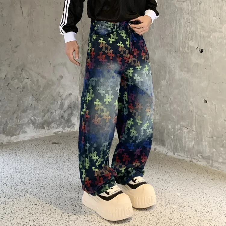 WRPDA 秋季高级感CH满印提花十字架设计牛仔裤男宽松直筒休闲长裤