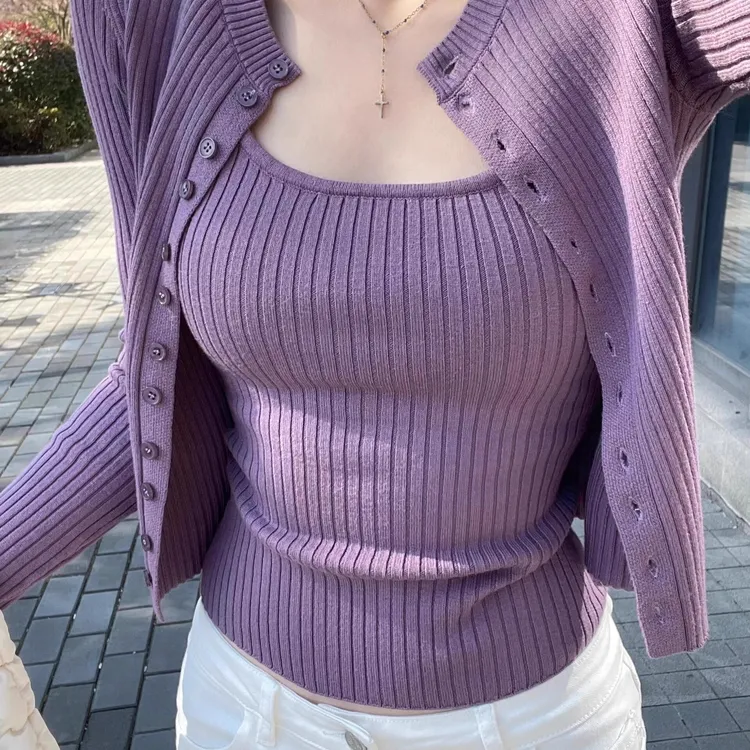 法式气质紫色针织开衫外套女春季修身超好看温柔独特背心吊带上衣