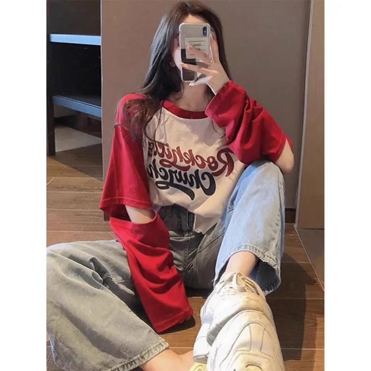 春秋别致衬衫长袖t恤女式春秋宽松破洞配色服装休闲印花设计感