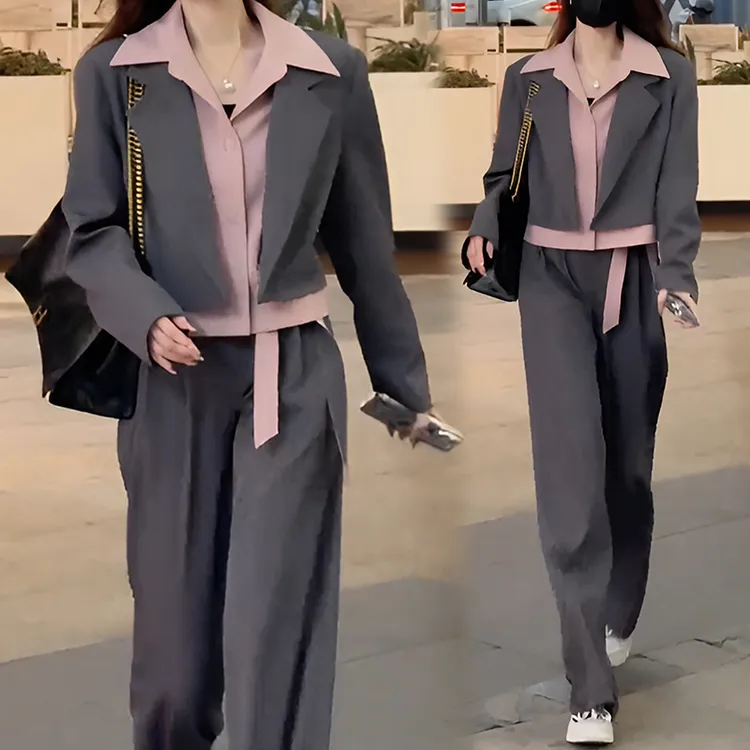 气质假两件套装女2026春秋季新款时髦小个子西装外套阔腿裤套装潮