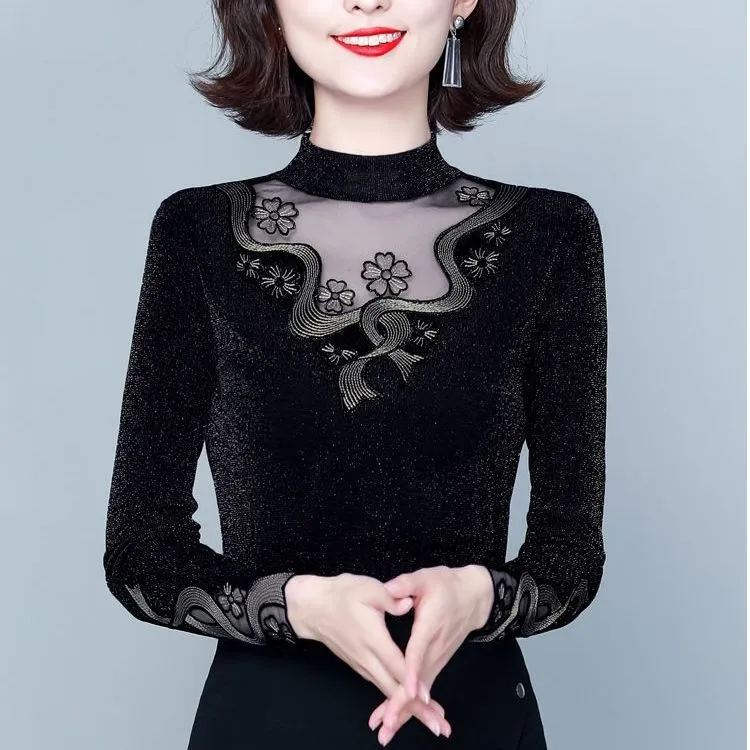 女士打底衫春秋新款韩版半高领加绒网纱蕾丝衫亮丝上衣女冬厚保暖