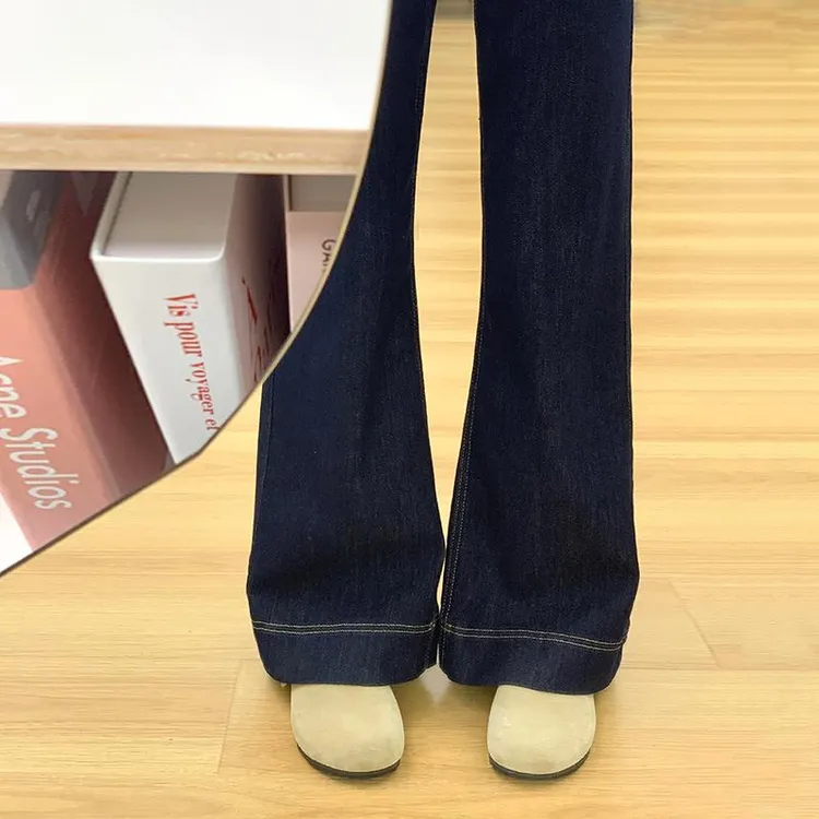 丹宁蓝小个子微喇牛仔裤女2025夏季薄款深蓝色高腰阔腿透气喇叭裤