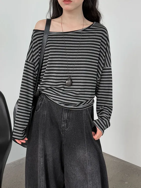 韩系休闲条纹露肩T恤女早秋新款慵懒感斜肩显瘦上衣