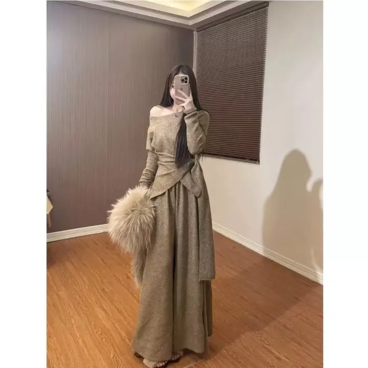 女装大码2026超火冬装一整套高级感蝴蝶结针织上衣阔腿裤裙两件套
