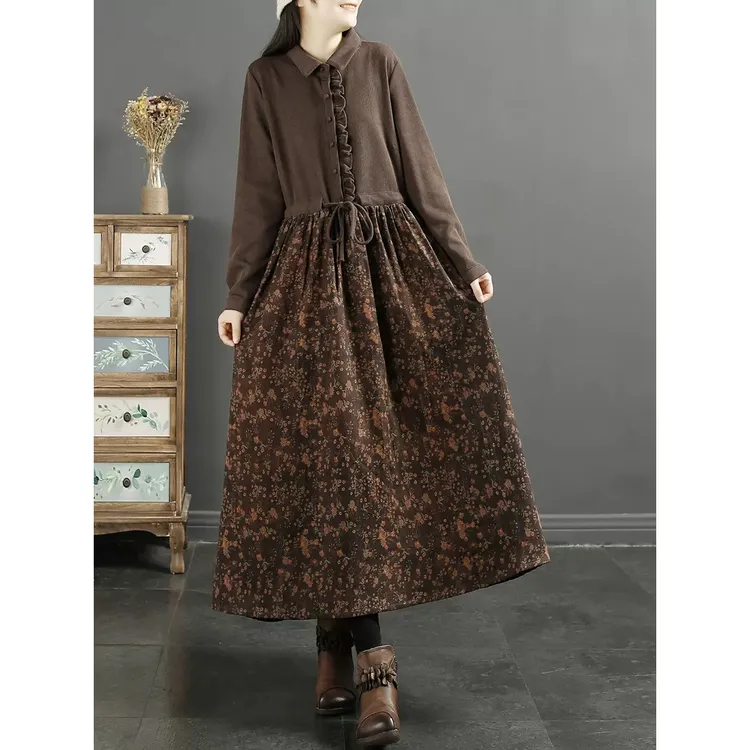 高档长袖连衣裙女秋冬新款复古碎花宽松显瘦大码洋气妈妈装a字裙