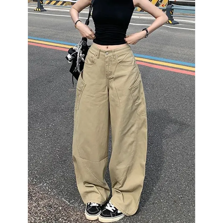 早春卡其色气质阔腿工装裤女2025秋冬新款梨型身材宽松高腰直筒裤