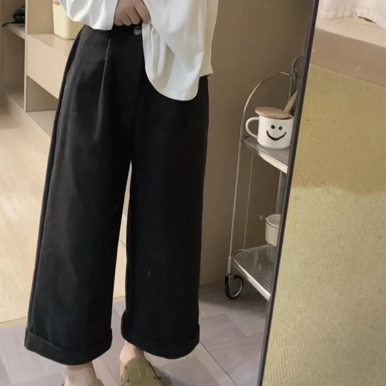 小个子定制秋冬毛呢卷边黑灰直筒裤