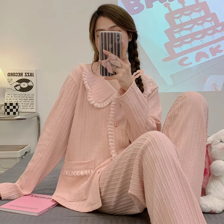 春秋季纯棉长袖吸汗透气睡衣女套装可爱甜美夏薄款女士家居服外穿