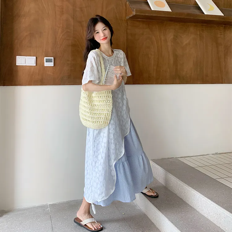 韩系减龄流行超好看连衣裙女2025夏新款不规则罩衫格子吊带两件套