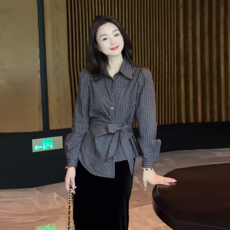 不规则收腰系带翻领长袖格子衬衫女秋季2025韩系小众减龄别致上衣