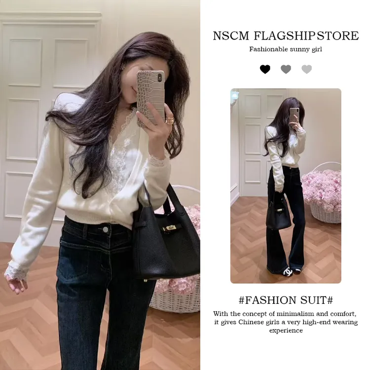 NSCM秋冬时尚新款韩系高级感气质显瘦假两件蕾丝拼接上衣百搭裤子