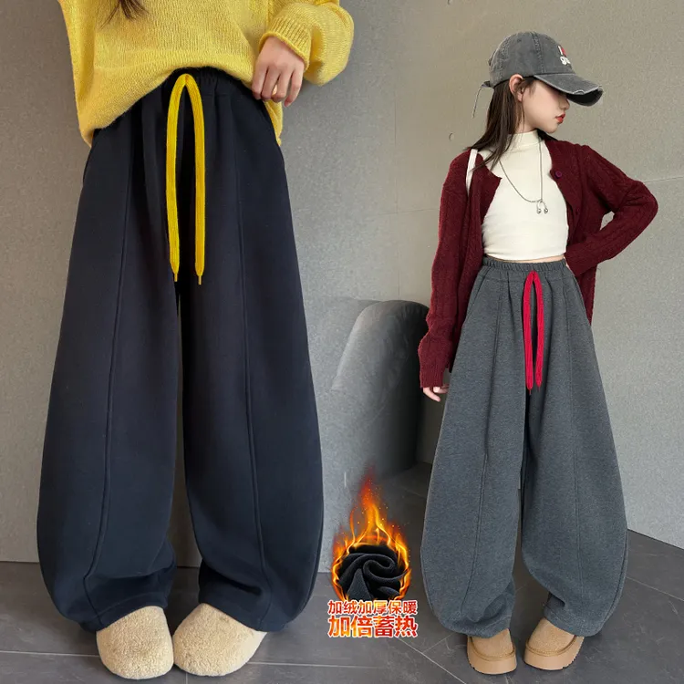 女童加绒裤子秋冬2025新款女大童加厚一体绒弯刀裤儿童冬季休闲裤