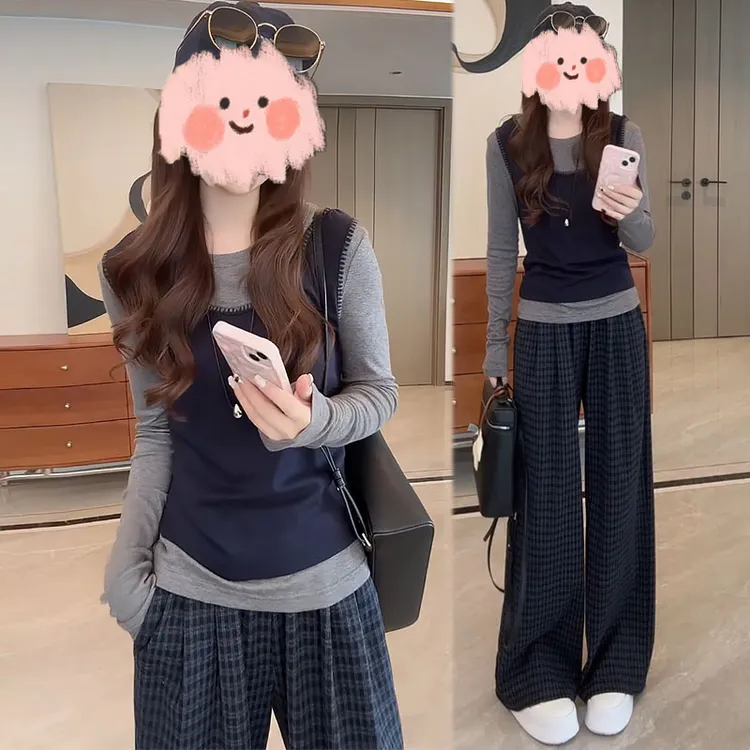 韩系宽松慵懒风撞色背心假两件长袖T恤女休闲格子裤两件套春秋装