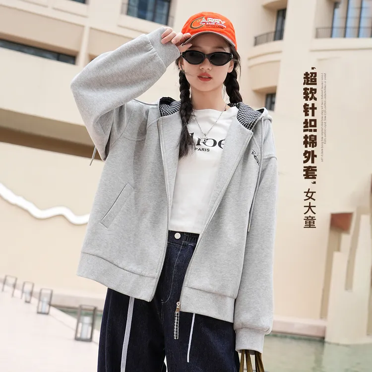 女大童外套2025新款春秋连帽针织棉学生初中生儿童休闲女童上衣