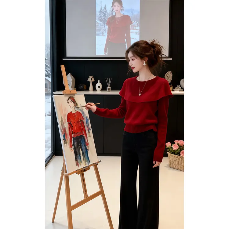 复古红色软糯套头毛衣女秋冬宽松设计感小众荷叶边荷叶边针织上衣