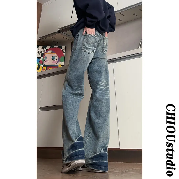 美式高街Vibe复古水洗做旧直筒牛仔裤男女同款宽松百搭显瘦长裤子