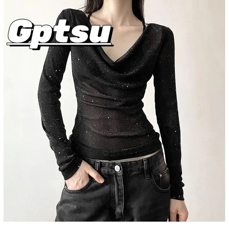 GPTSu独特别致亮片字领长袖恤设计感时尚微透修身显瘦辣妹上衣潮