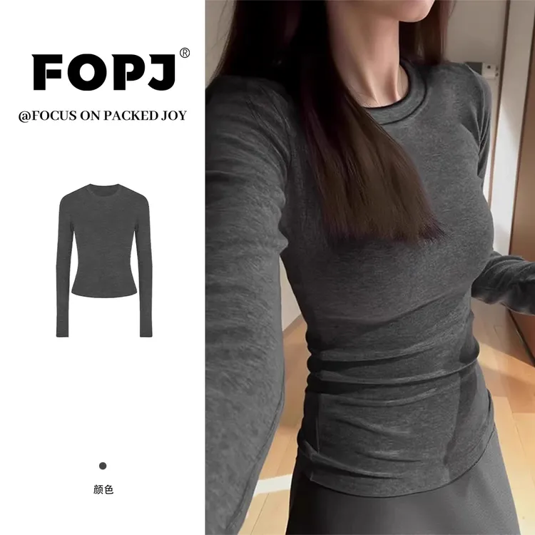 FOPJ春秋长袖打底衫纯色圆领T恤女德绒保暖紧身显瘦套头内搭上衣