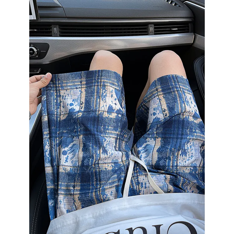 vintage蓝色扎染格子短裤男夏季冰丝美式五分裤薄款休闲运动中裤