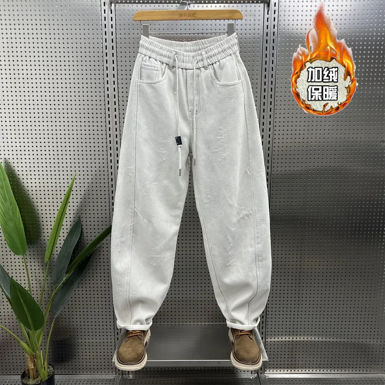 美式潮流个性刮烂休闲裤男士2025秋冬季新款加绒加厚宽松直筒长裤