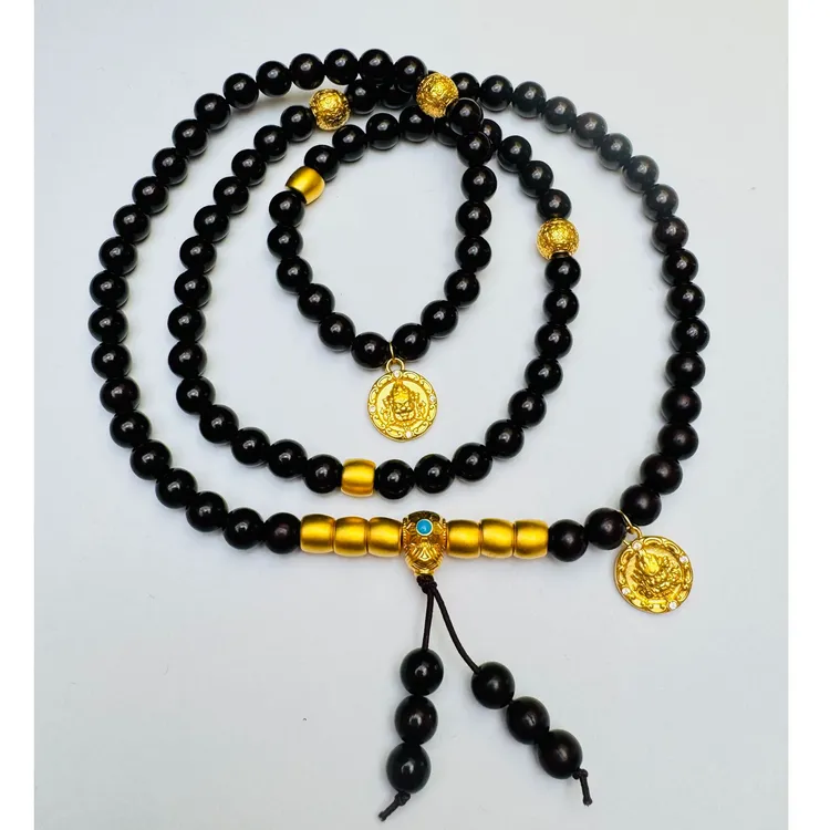 34#足金999  小叶紫檀珠黄金配件 桶珠 三通 祥云珠 黄财神