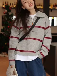 【100%纯山羊绒】翻领半拉链针织上衣宽条纹宽松加厚羊绒毛衣013