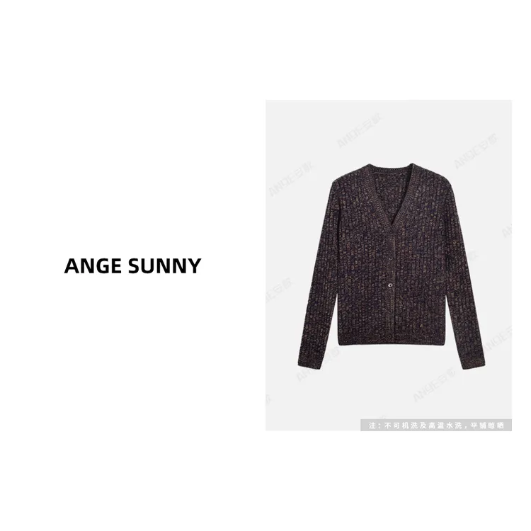 ANGE SUNNY【三角标V领羊绒开衫】单排扣羊毛长袖针织衫