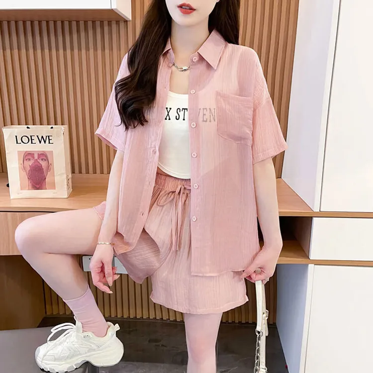跑步速干运动套装女夏季2025新款宽松大码短袖衬衫短裤时尚两件套