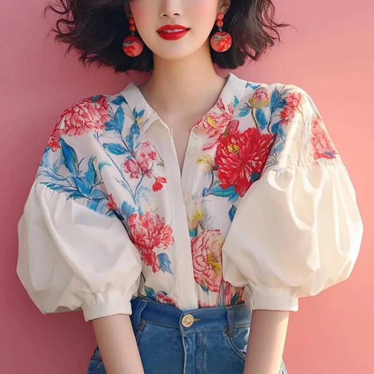 独特漂亮小衫淑女气质法式小上衣泡泡袖碎花衬衫2024新款女D0892