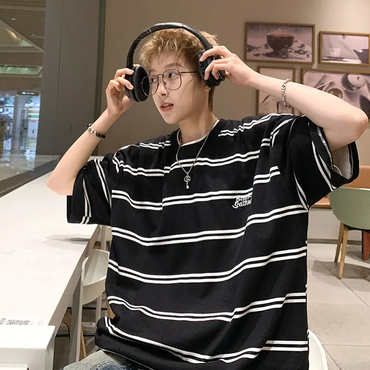 青少年短袖t恤男初中生美式重磅条纹上衣夏季潮流宽松半截袖体恤