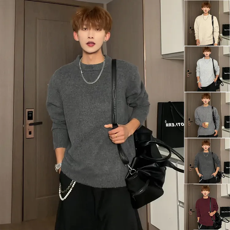 深灰色圆领毛衣男生秋冬重磅可外穿内搭打底衫cleanfit套头针织衫