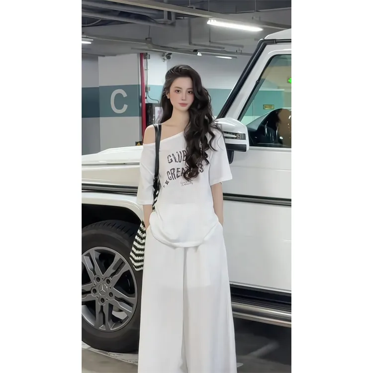 慵懒风斜肩印花短袖T恤女2025夏季新款高腰休闲阔腿裤时尚两件套