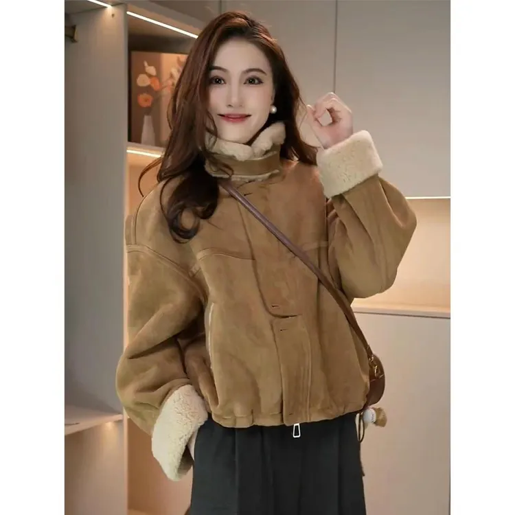 爆款加绒加厚皮绒皮毛一体外套女秋冬季新款时尚休闲上衣潮