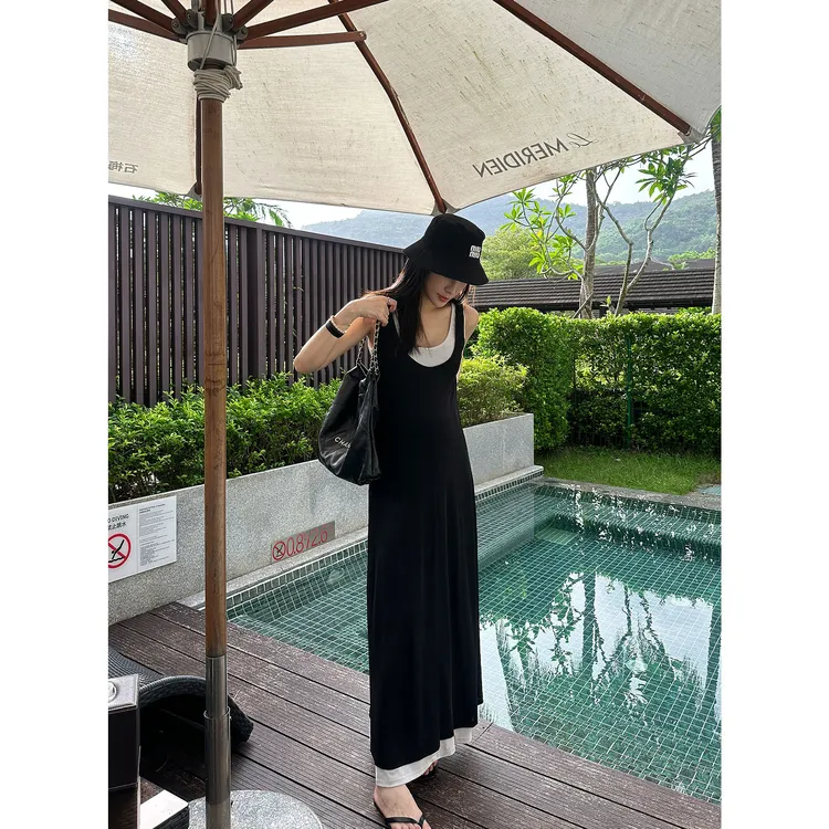 JIJINQI时尚气质纯色宽松显瘦无袖拼接假两件连衣裙女JD06LZXL824