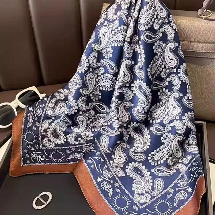100%桑蚕丝藏青腰果65真丝方巾春夏秋高端丝绸素绉缎女丝围巾披肩