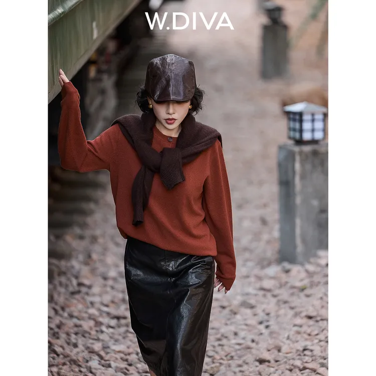 W.Diva【橙力满满】秋冬松弛圆领半开襟羊毛羊绒套头毛衫54Z293257