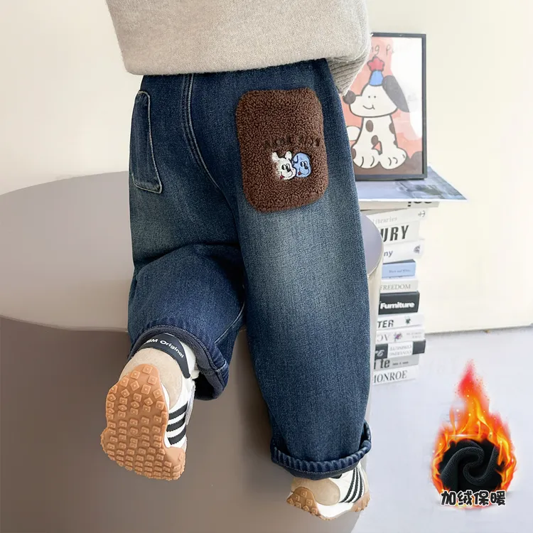 女童加绒牛仔裤洋气儿童秋冬装新款女宝宝加厚一体绒休闲裤子女孩