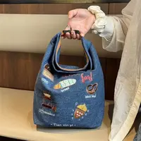 新款刺绣牛仔布保温饭盒袋便携手提上班学生便当包露营包野餐包yw