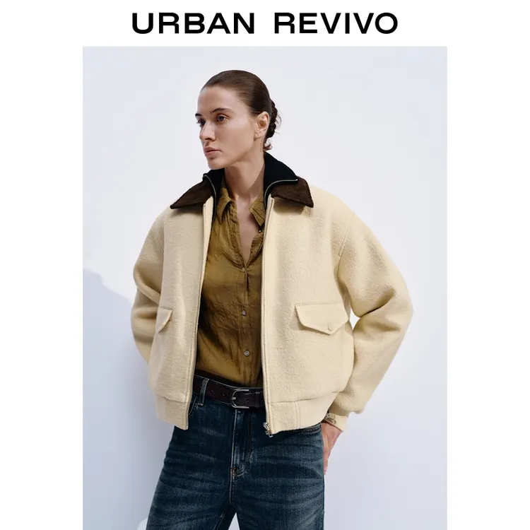 UR2025冬季新款女装撞色灯芯绒翻领口袋呢料外套UWH150068