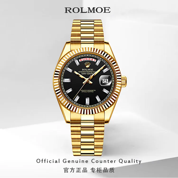 ROLMOE瑞士正品劳力男士全自动机械表时尚镶钻黑冰糖日志名牌腕表