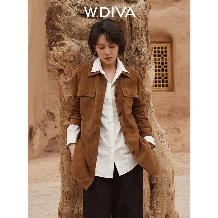 W.Diva【轻旅】非洲进口绒面羊皮铜氨丝复古外套老钱风53C152672