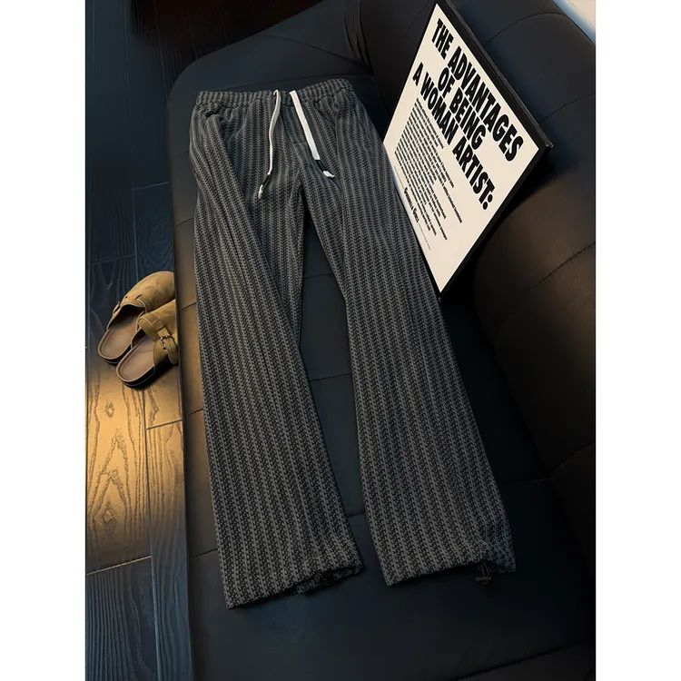 美式条纹提花加绒针织裤子男秋冬季设计感高级感雪尼尔阔腿卫裤潮