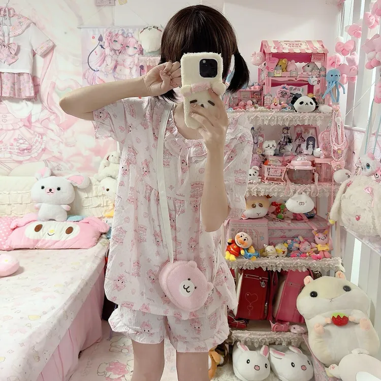 甜美可爱美乐蒂娃娃领蕾丝花边睡衣女夏季短袖家居服套装可外穿
